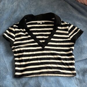 Reformation Black and White Striped V-Neck Tee